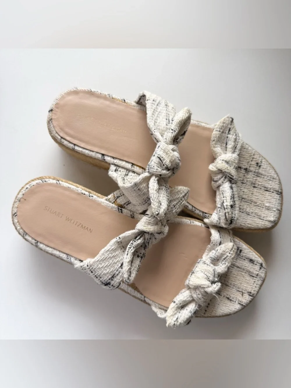 Stuart Weitzman Designer Tweed Bow Bandeau Espadrille Platform Sandals Size 8